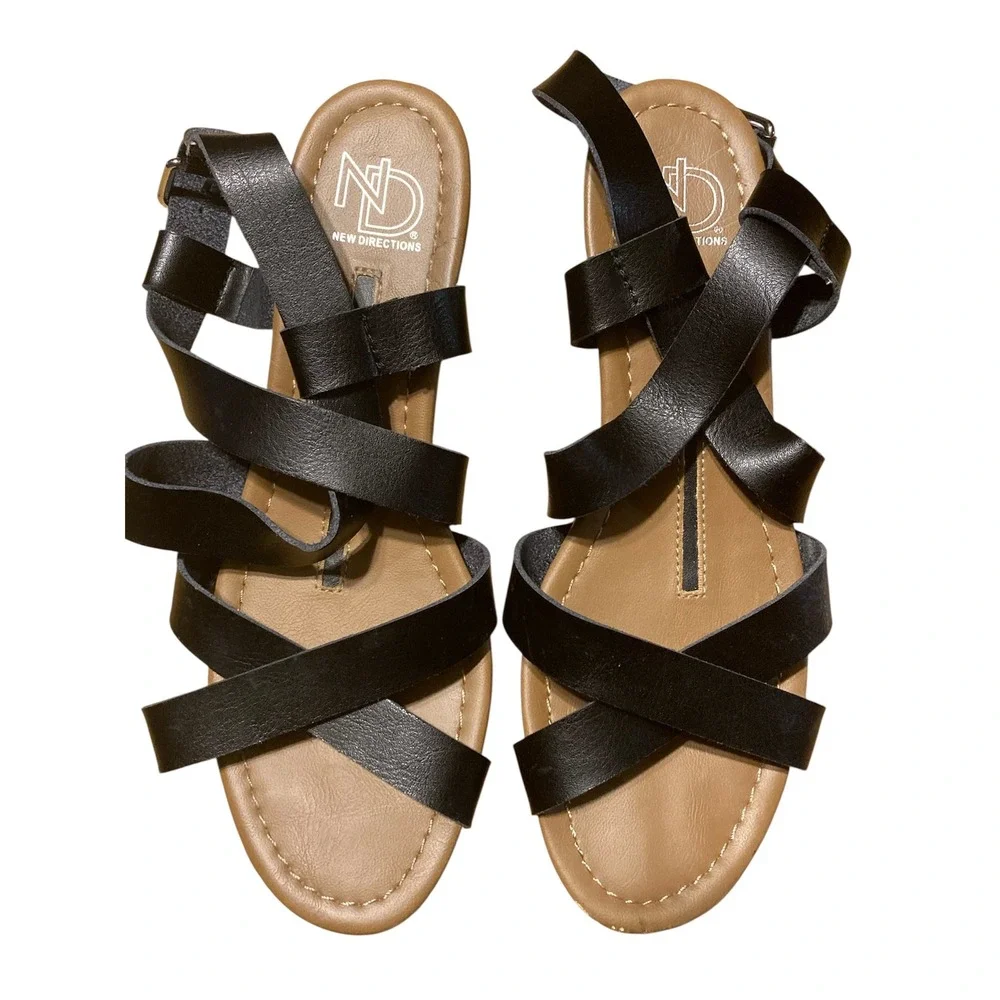New Directions Womens Strappy Wedge Sandals Black Faux Leather‎ Size 9 Low Heel
